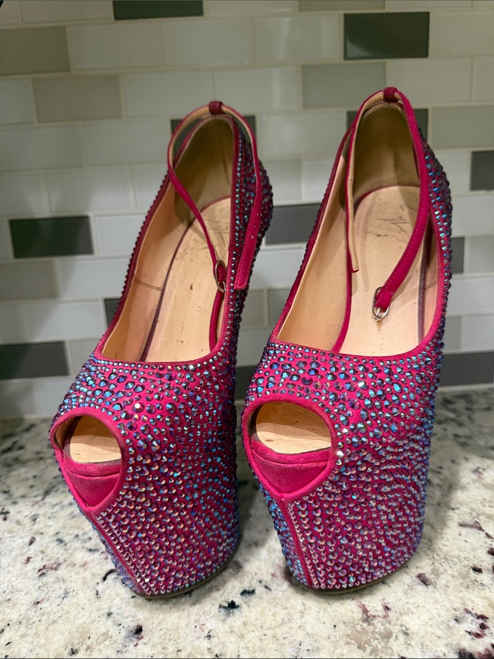 Giuseppe Zanotti Hot Pink Crystal Platform Wedge Peep-Toe Heels - Picture 4 of 6